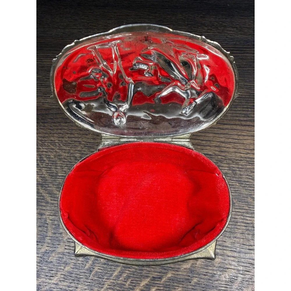 Vintage‎ Metal Jewelry Casket with Red Velvet Interior